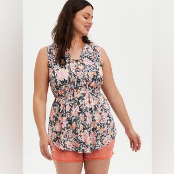 Torrid Babydoll Stretch Challis Lace Up Tunic Blouse Size 0 - Picture 7 of 7